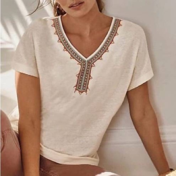 Tops - J.Jill Easy V Neck Dolman Tee Cream Aztec Embroidered Linen Blend Medium